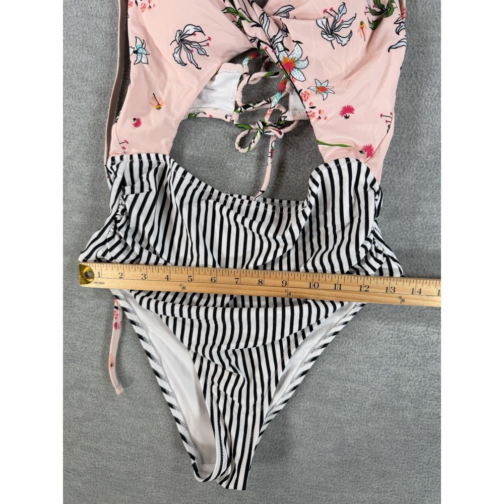 Cupshe M Floral Twist Cut Out Bathing Suit Swim Pink Corset Back Striped - Picture 6 of 8